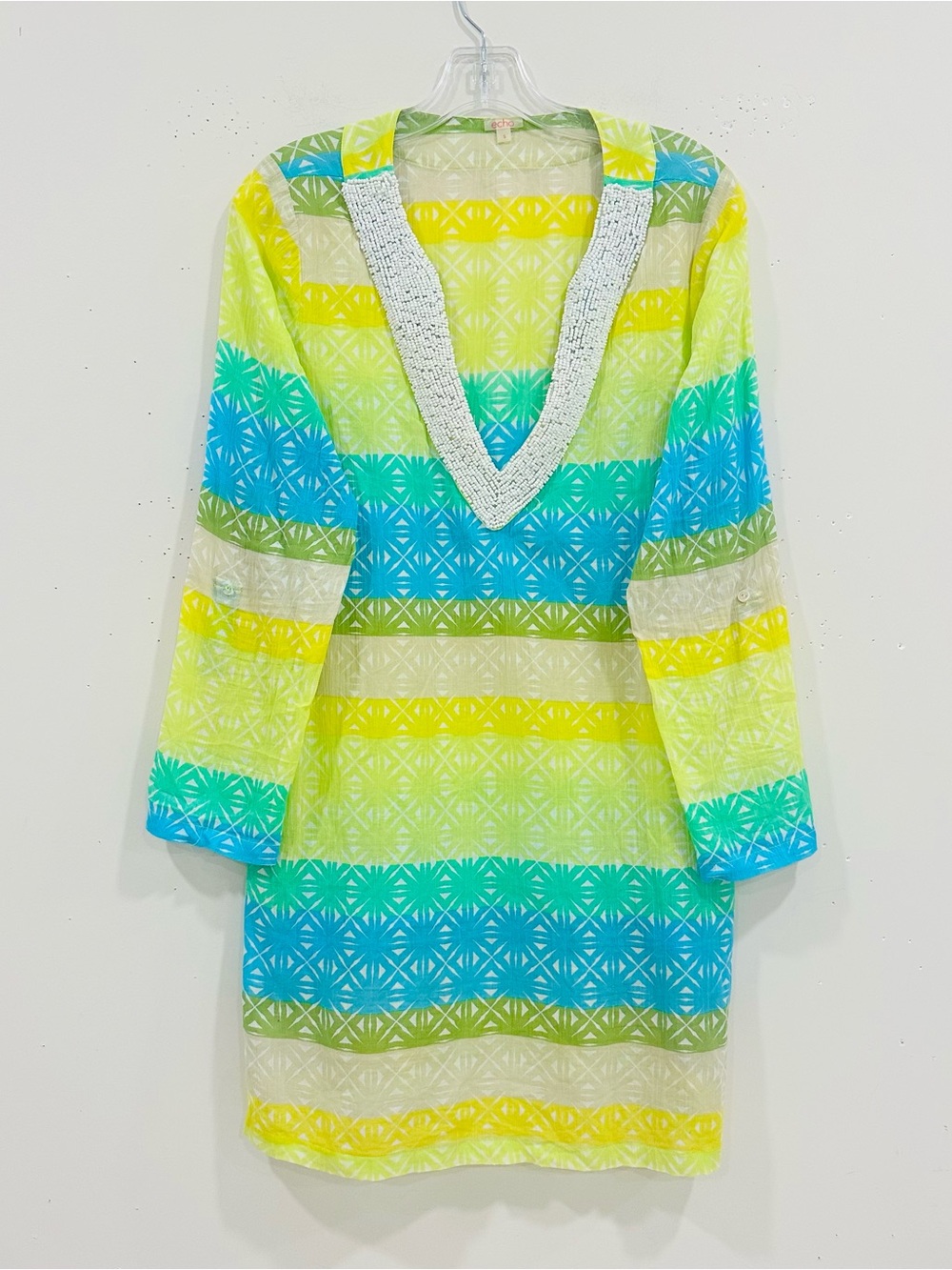 Echo Design Beaded Tunic Beach Cover-Up Dress –‎ Blue & Lime Geometric Size S